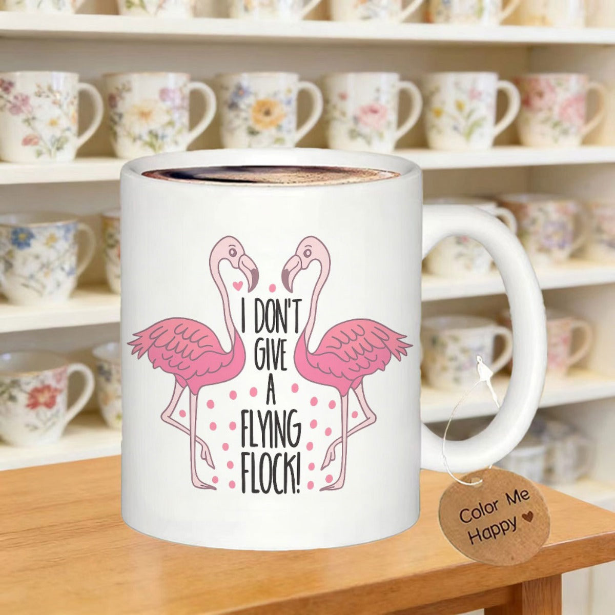 Tailorly White Ceramic 11 oz Mug - I Don't Give A Flying Flock Two Elegant Pink Flamingos Facing Each Other Amidst Hearts And Dots Flamingo