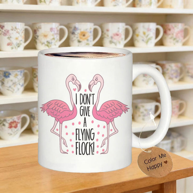 Tailorly White Ceramic 11 oz Mug - I Don't Give A Flying Flock Two Elegant Pink Flamingos Facing Each Other Amidst Hearts And Dots Flamingo