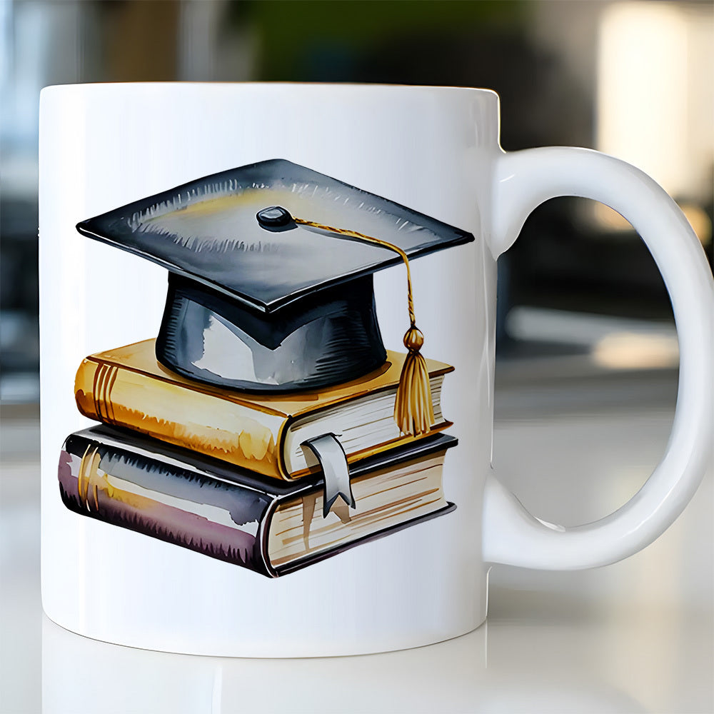 Tailorly White Ceramic 11 oz Mug - Classic Mortarboard Cap Resting Upon A Stack Of Scholarly Antique Hardcover Books Cap