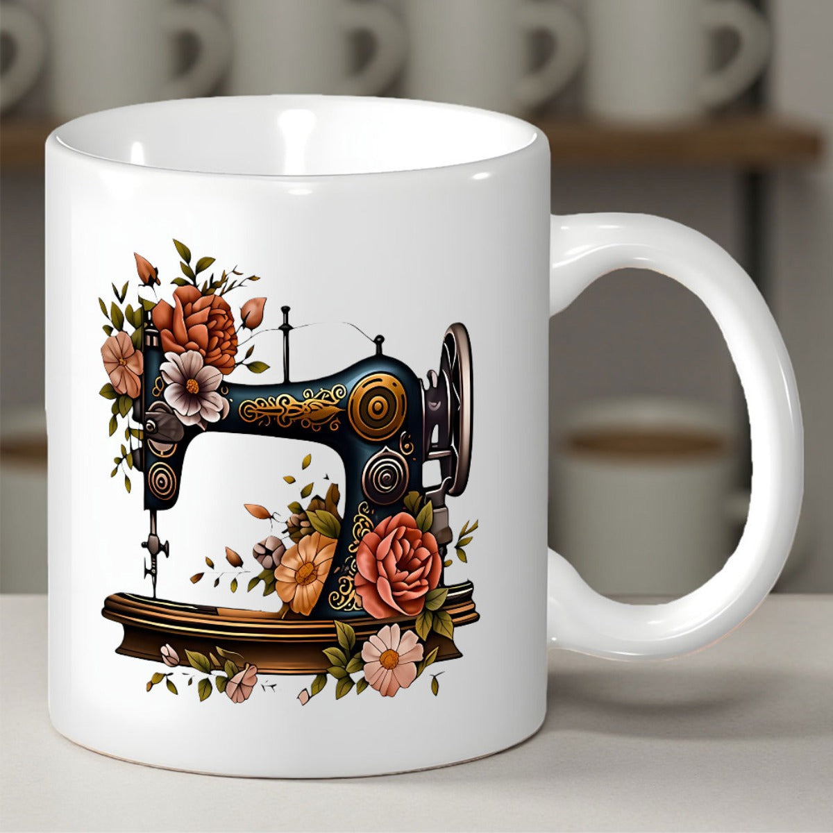 Tailorly White Ceramic 11 oz Mug - Vintage Ornate Black Body Adorned With Blooming Roses And Floral Accents Sewing Machine