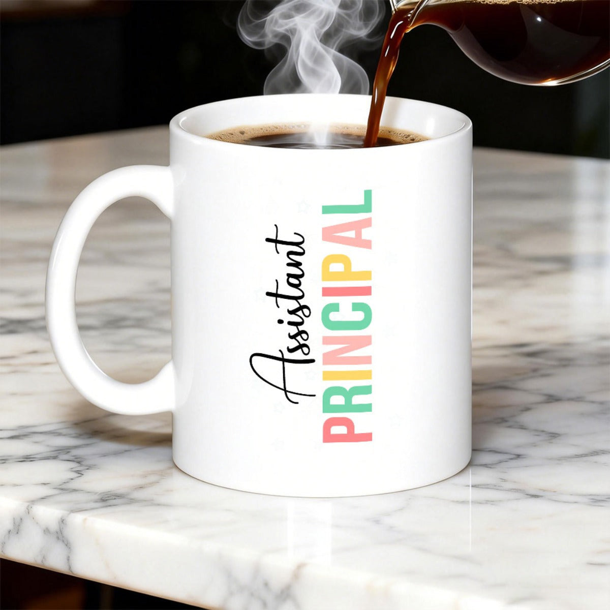 Tailorly White Ceramic 11 oz Mug - Assistant Principal Vibrant Rainbow Colored Letters Arranged In A Clean Vertical Layout Design
