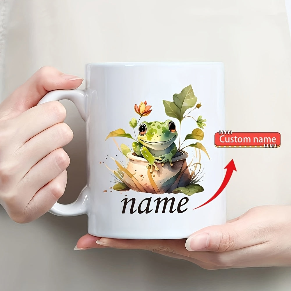 Tailorly White Ceramic 11 oz Mug - Custom Name Adorable Little Green Frog Sitting Inside Pot Surrounded By Lush Leaves Frog