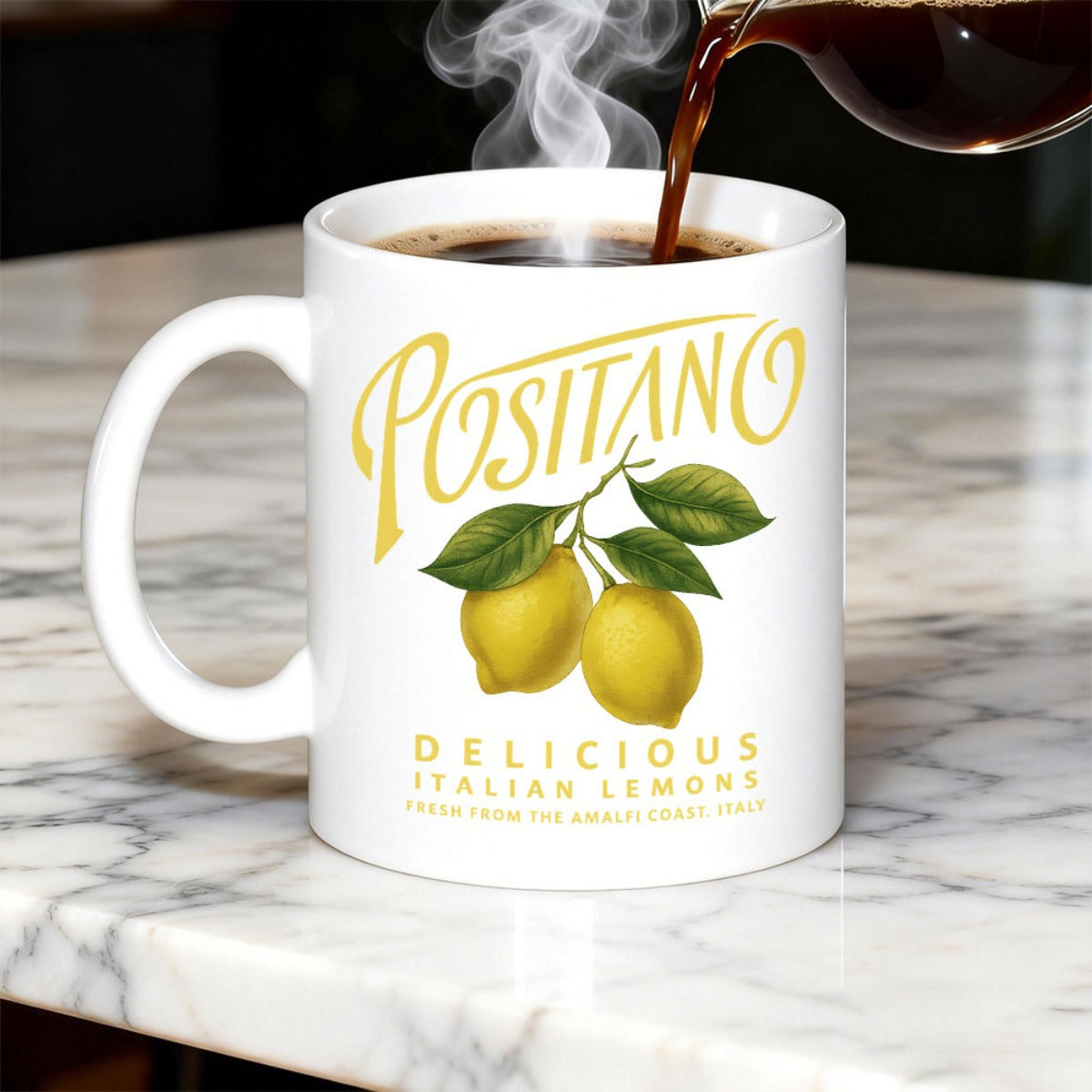 Tailorly White Ceramic 11 oz Mug - Positano Delicious Italian Lemons Vibrant Yellow Citrus Fruits Hanging On Lush Green Branch Lemon