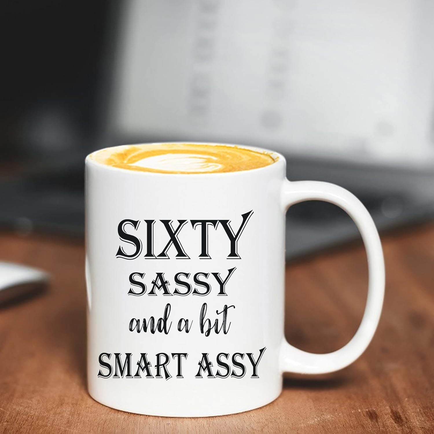 Tailorly White Ceramic 11 oz Mug - Sixty Sassy And A Bit Smart Assy Elegant White Ceramic Drinkware Resting Upon A Polished Wooden Surface Mug