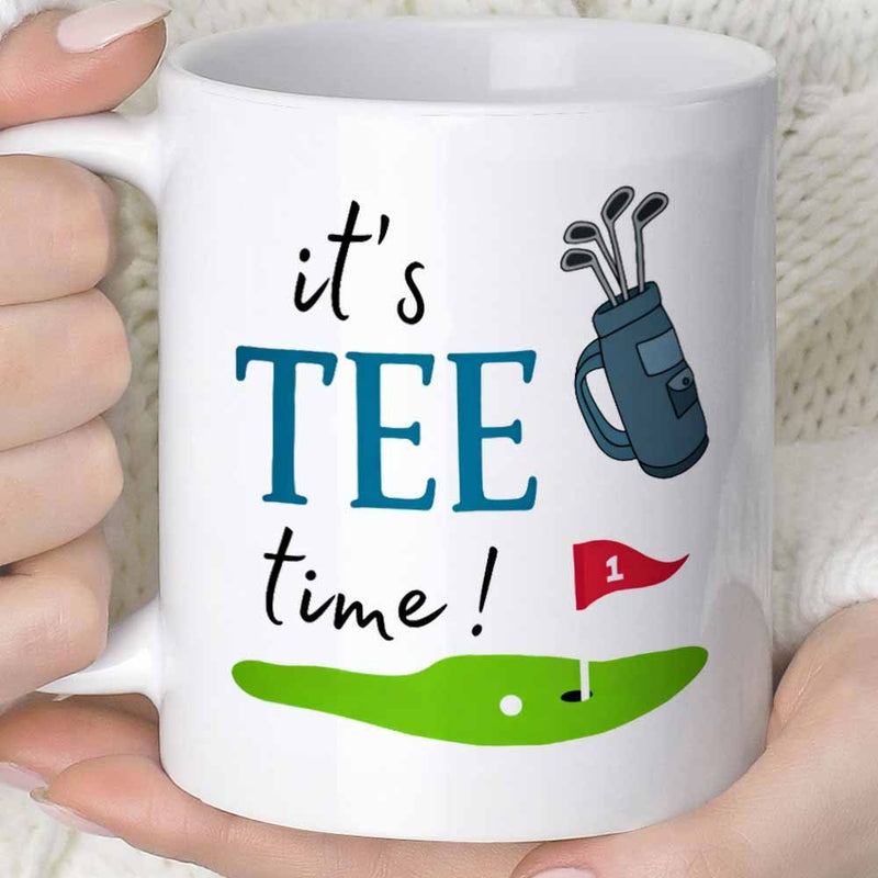 Tailorly White Ceramic 11 oz Mug - Its Tee Time Hand Drawn Golf Bag Clubs On Green Course With Flag Golf Bag