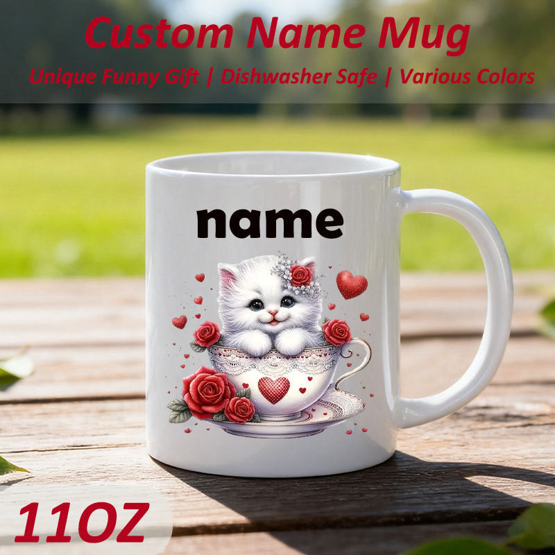 Tailorly White Ceramic 11 oz Mug - Name Adorable Fluffy White Cat Resting Inside Delicate Floral Tea Cup Among Roses Kitten