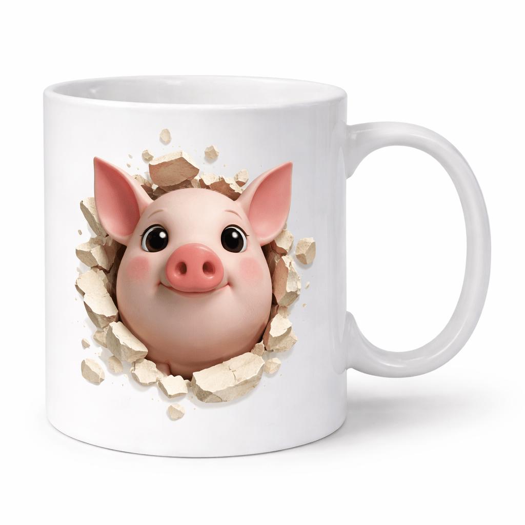 Tailorly White Ceramic 11 oz Mug - Adorable Pink Three Dimensional Head Bursting Through Cracked White Stone Wall Pig
