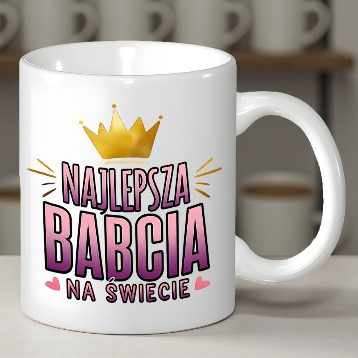 Tailorly White Ceramic 11 oz Mug - Shimmering Golden Crown With Artistic Typography And Small Pink Hearts Crown