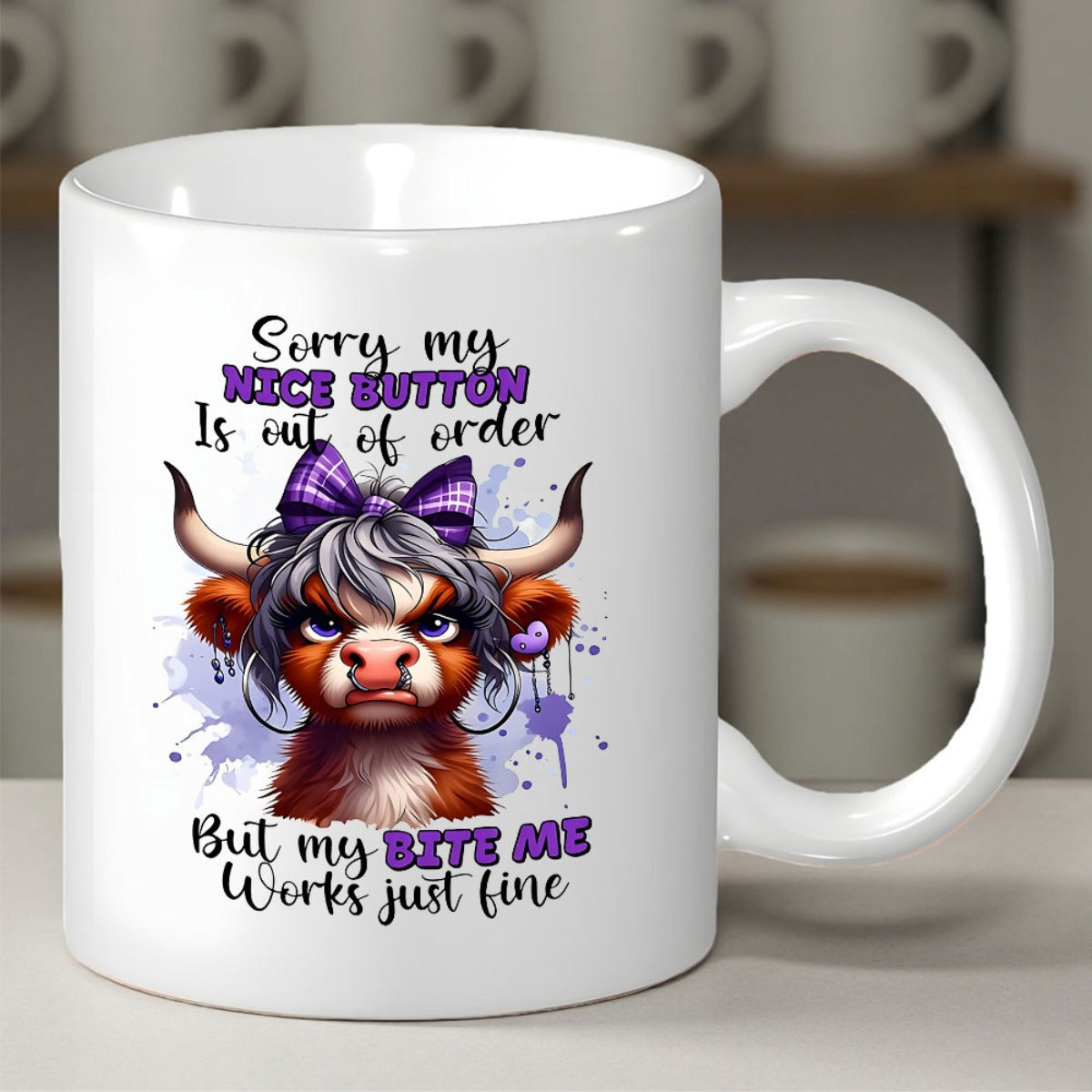 Tailorly White Ceramic 11 oz Mug - Sorry My Nice Button Is Out Of Order But My Bite Me Works Just Fine Grumpy Brown Highland Cow Featuring Purple Plaid Bow And