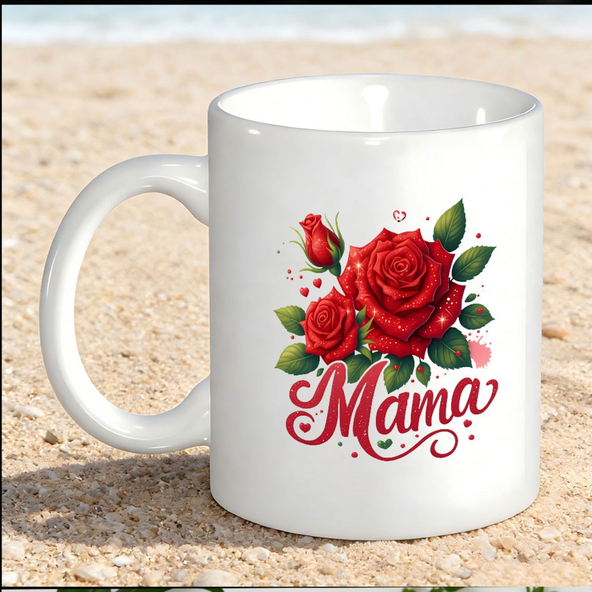 Tailorly White Ceramic 11 oz Mug - Mama Vibrant Red Blossoms Surrounded By Lush Green Leaves And Tiny Hearts Rose