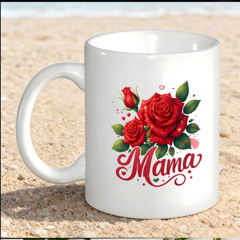 Tailorly White Ceramic 11 oz Mug - Mama Vibrant Red Blossoms Surrounded By Lush Green Leaves And Tiny Hearts Rose