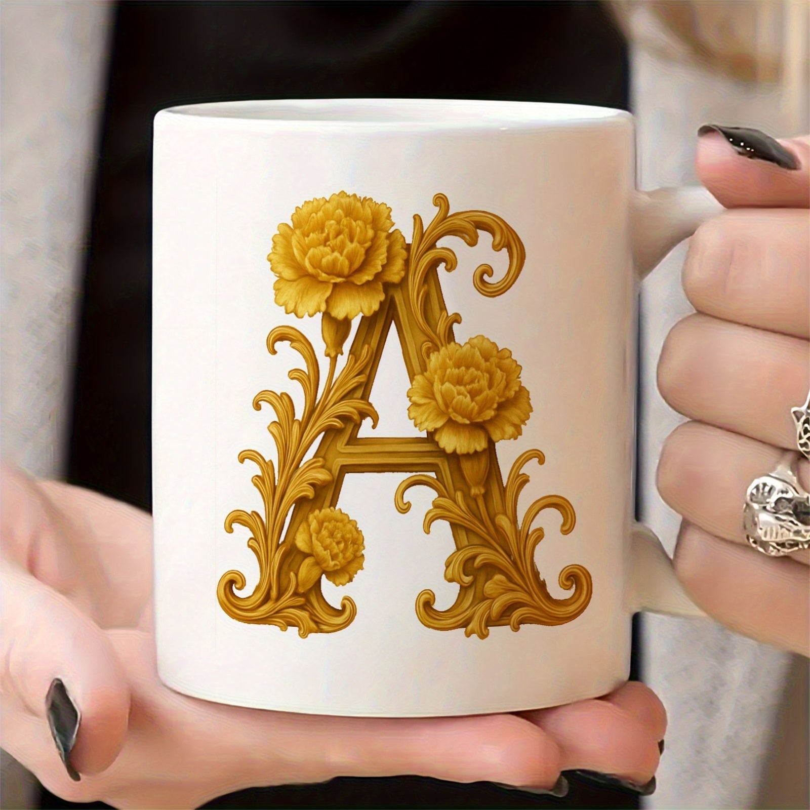 Tailorly White Ceramic 11 oz Mug - A Ornate Golden Filigree With Blooming Yellow Flowers Carved Into Letter