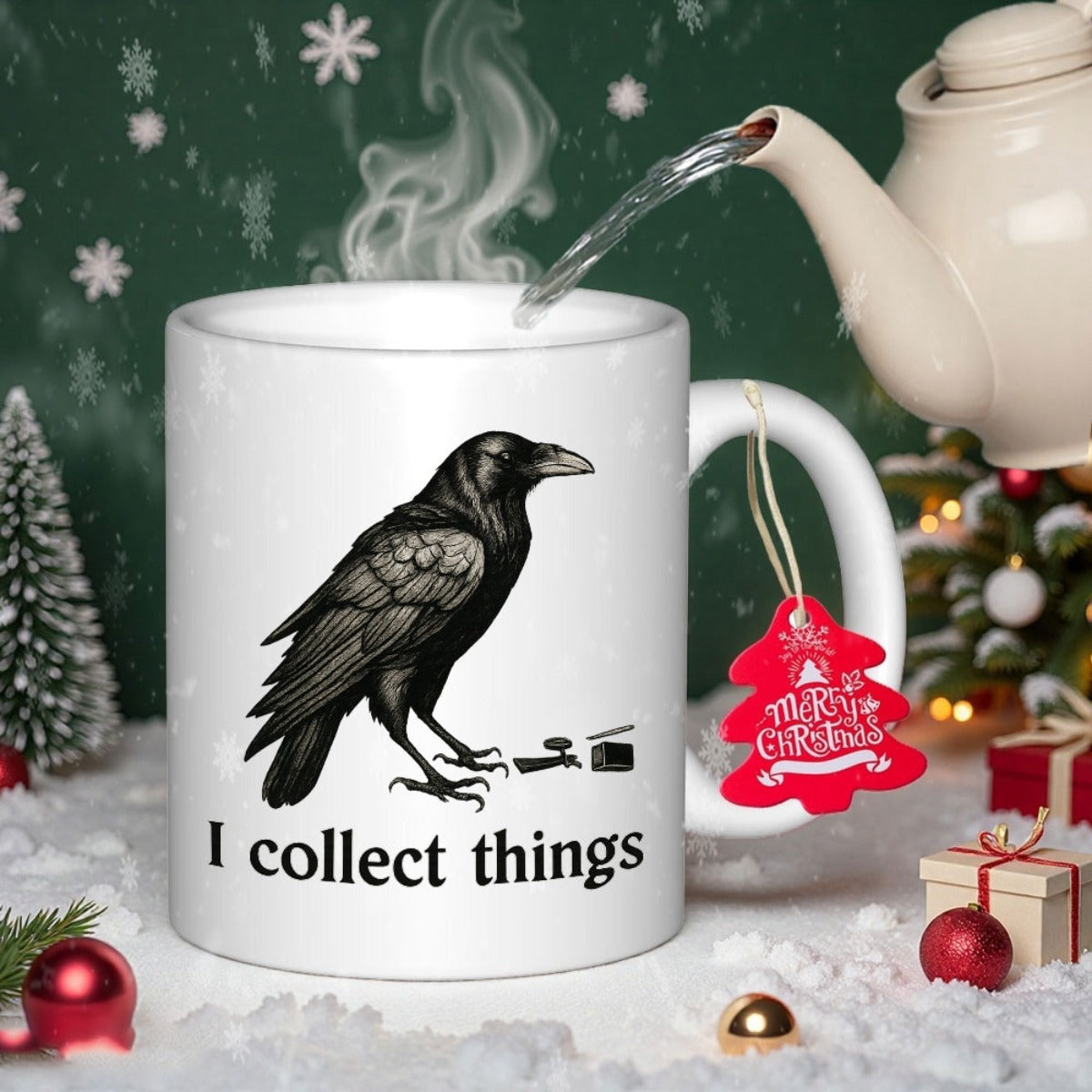 Tailorly White Ceramic 11 oz Mug - I Collect Things Detailed Realistic Black Feathered Bird Perched Among Small Gathered Shiny Objects Raven