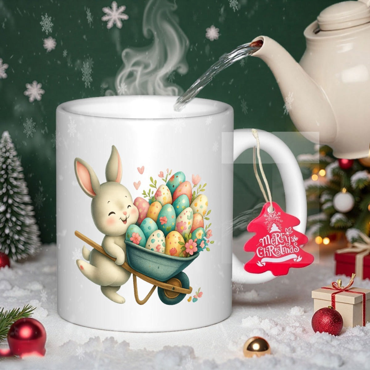 Tailorly White Ceramic 11 oz Mug - Merry Christmas Adorable Bunny Pushing A Wheelbarrow Filled With Many Colorful Easter Eggs Rabbit