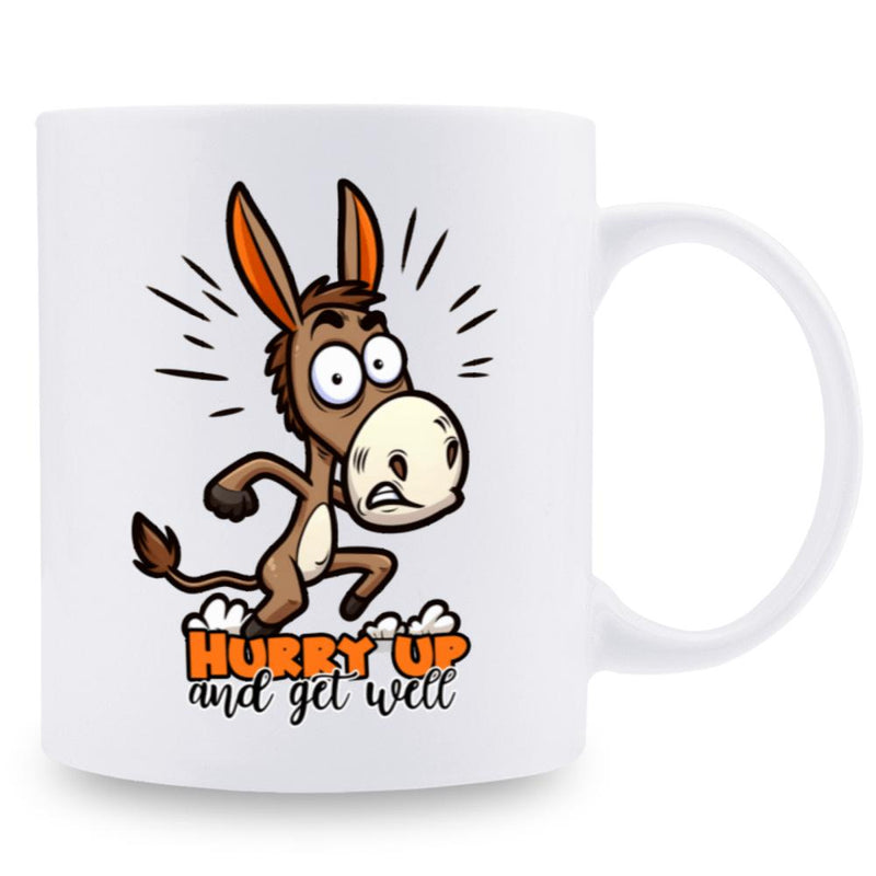 Tailorly White Ceramic 11 oz Mug - Hurry Up And Get Well Funny Cartoon Character Running With Startled Expression And Long Ears Donkey