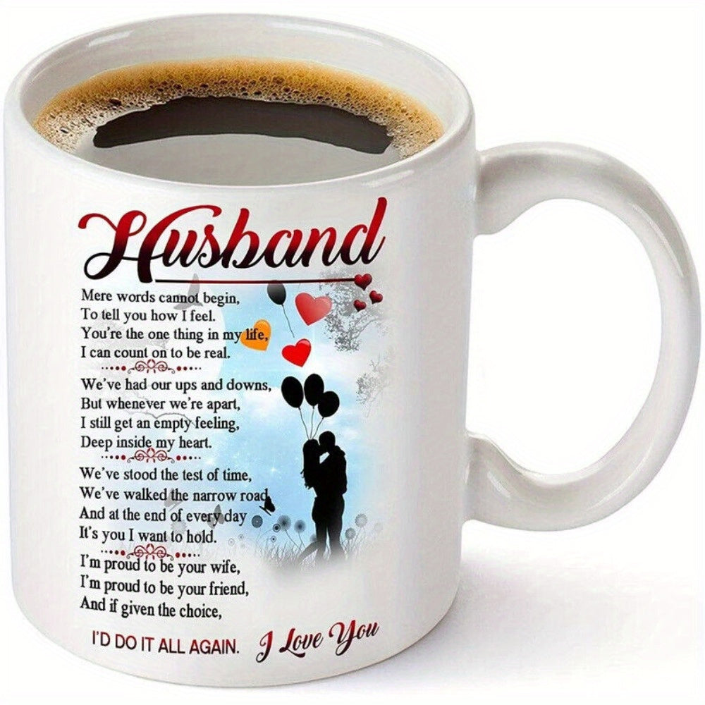 Tailorly White Ceramic 11 oz Mug - Husband I Love You Romantic Couple Silhouette Holding Floating Heart Balloons Amidst Soft Blue Mist Silhouette