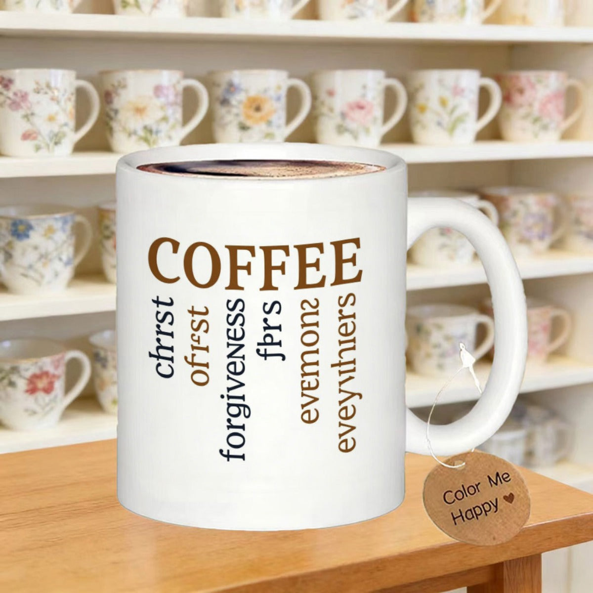 Tailorly White Ceramic 11 oz Mug - Color Me Happy Coffee Forgiveness Christ Minimalist Ceramic Vessel Featuring Vertical Brown Text Under Gentle Indoor Lighting