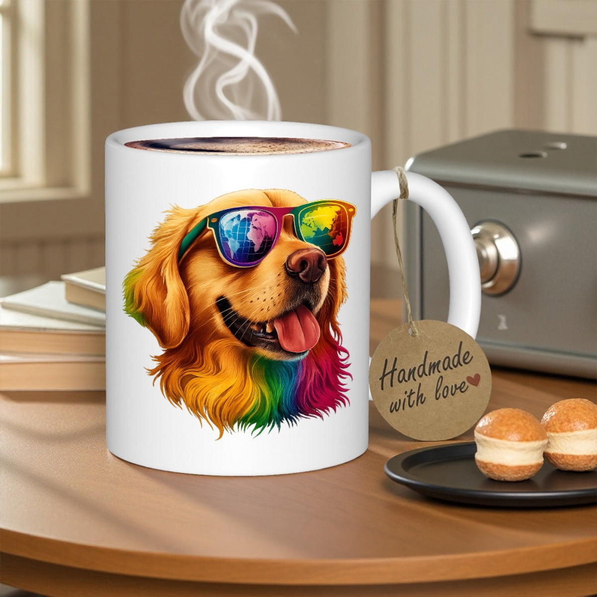 Tailorly White Ceramic 11 oz Mug - Vibrant Golden Retriever Wearing Sunglasses With Bright Rainbow Colors Across Fur Dog