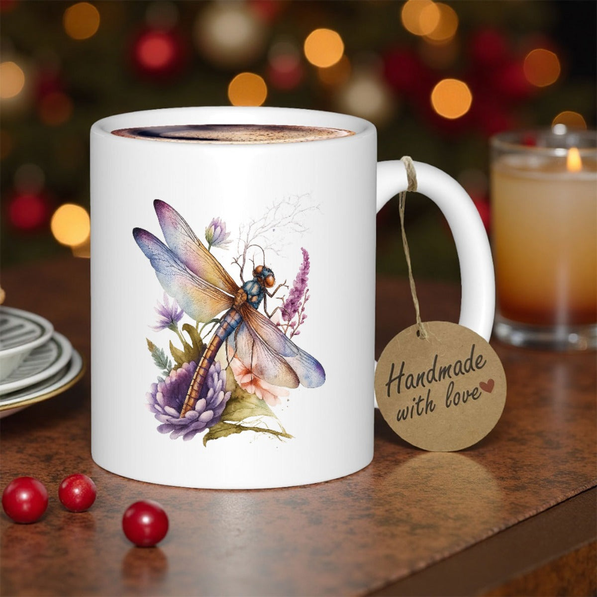 Tailorly White Ceramic 11 oz Mug - Watercolor Painting Of Purple Flowers And Green Leaves With Elegant Dragonfly