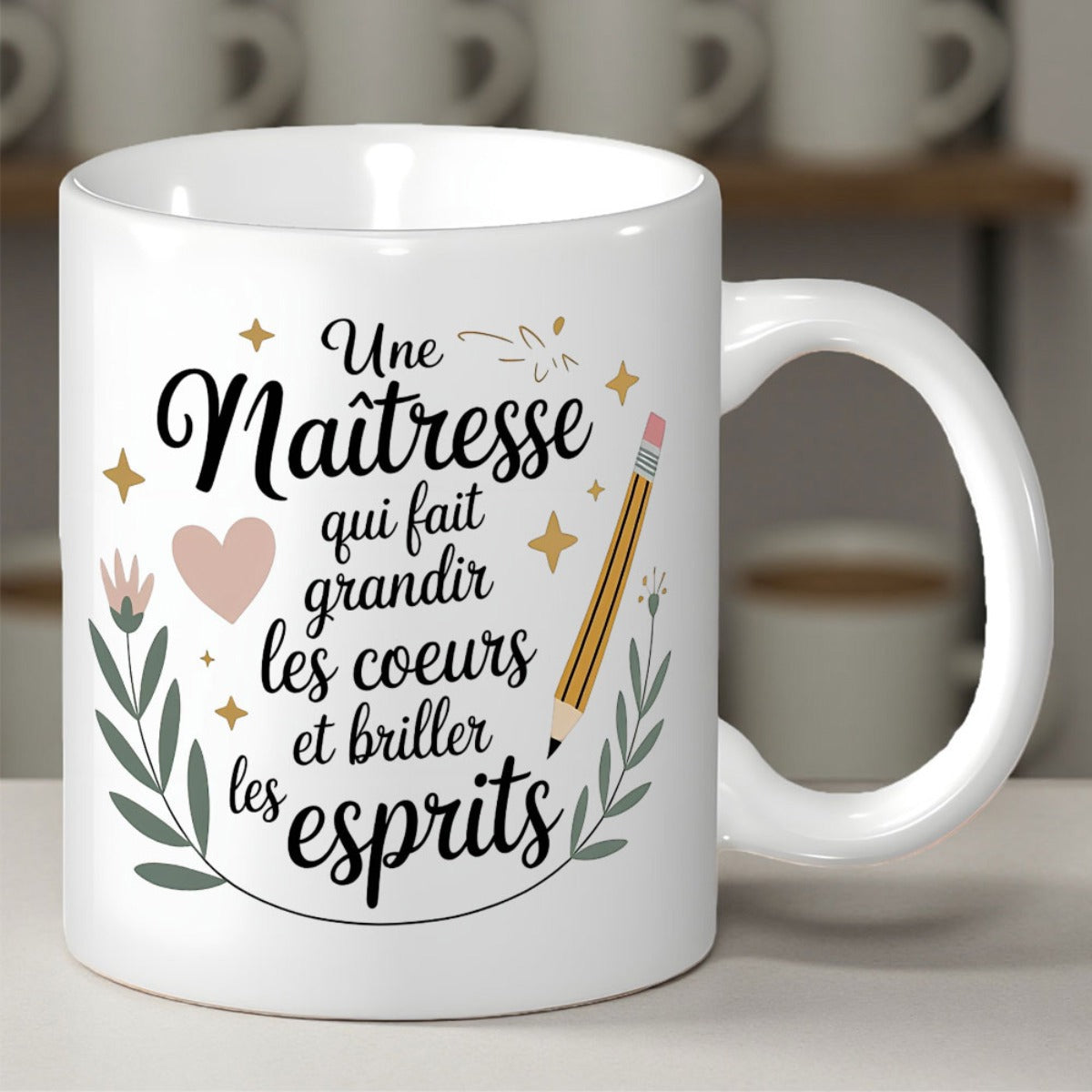Tailorly White Ceramic 11 oz Mug - Simple White Ceramic Featuring Heart Pencil And Sparkles Among Delicate Leaves Mug