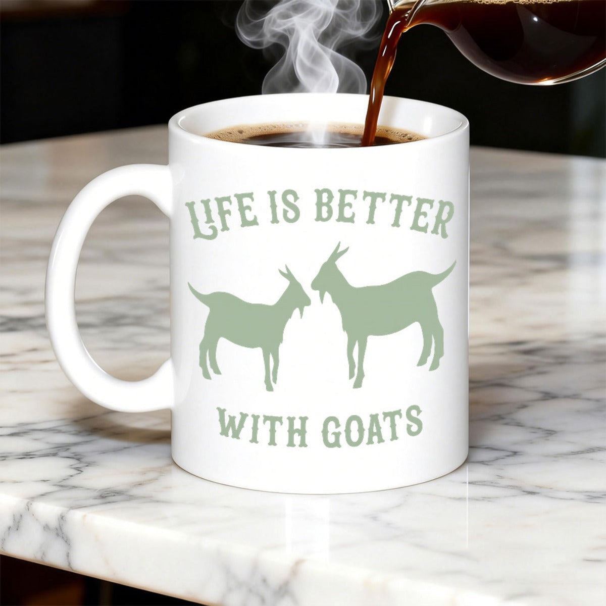 Tailorly White Ceramic 11 oz Mug - Life Is Better With Goats Minimalist Farm Animal Silhouettes Standing Gracefully Among Vintage Style Goat