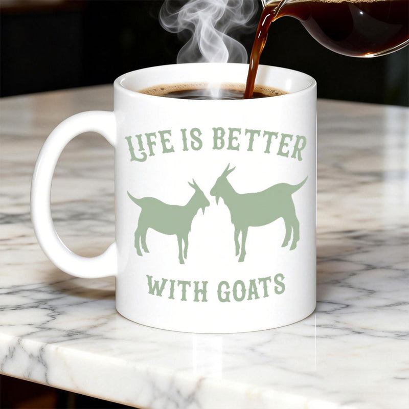 Tailorly White Ceramic 11 oz Mug - Life Is Better With Goats Minimalist Farm Animal Silhouettes Standing Gracefully Among Vintage Style Goat