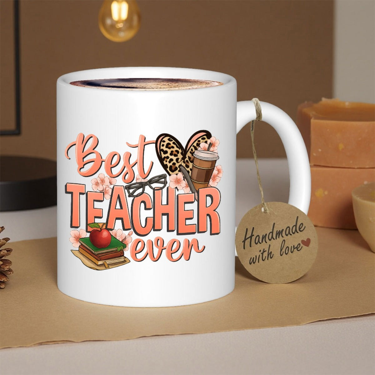 Tailorly White Ceramic 11 oz Mug - Best Teacher Ever Educational Elements With Leopard Heart Coffee Cup And Stacked Books Apple Mug