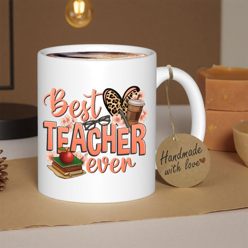Tailorly White Ceramic 11 oz Mug - Best Teacher Ever Educational Elements With Leopard Heart Coffee Cup And Stacked Books Apple Mug