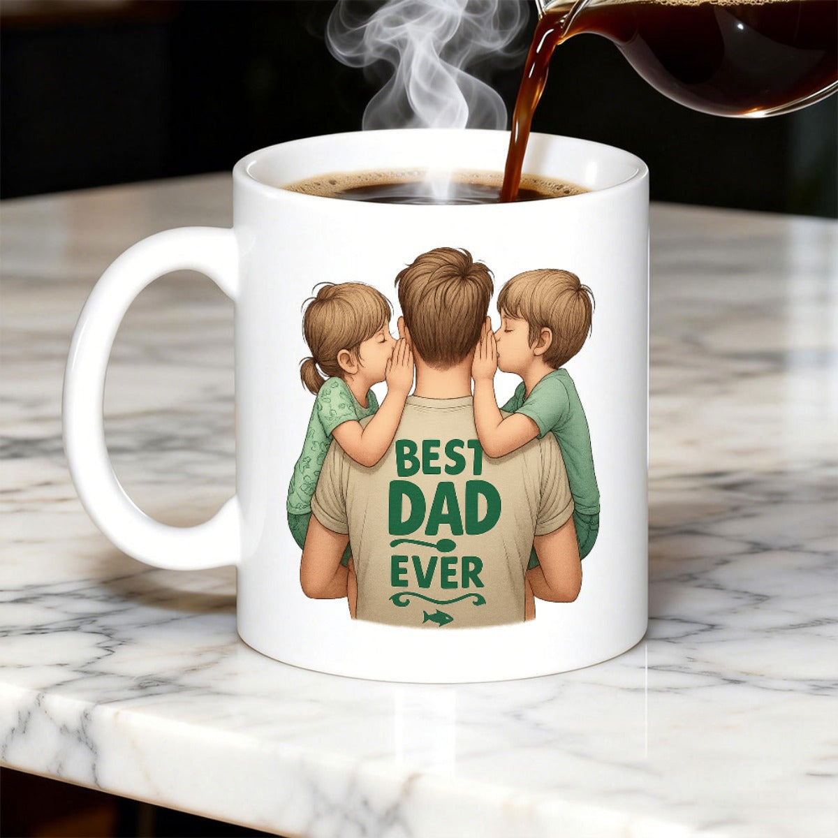Tailorly White Ceramic 11 oz Mug - Best Dad Ever Loving Father Carrying Two Children Kissing His Cheeks Warm Family Illustration