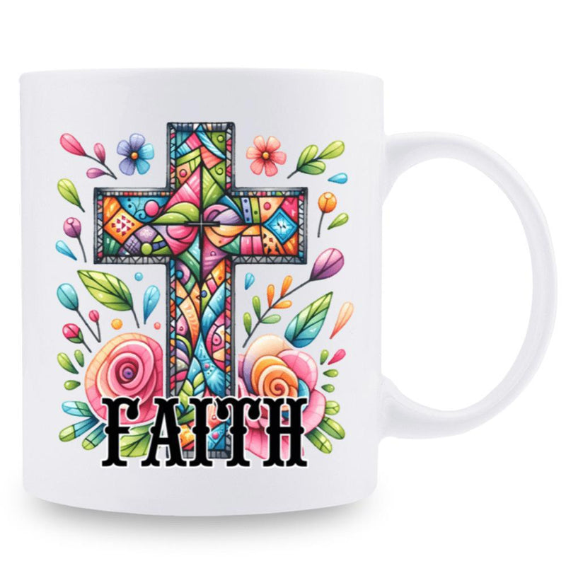 Tailorly White Ceramic 11 oz Mug - Faith Colorful Mosaic Stained Glass Pattern Surrounded By Elegant Blooming Watercolor Flowers Cross