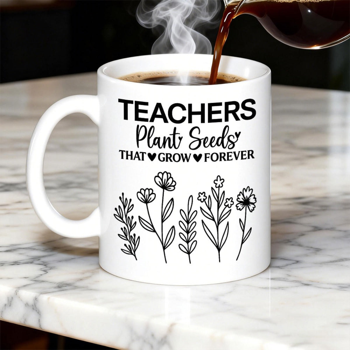 Tailorly White Ceramic 11 oz Mug - Teachers Plant Seeds That Grow Forever Minimalist Hand Drawn Wildflower Stems In A Simple Row Flower