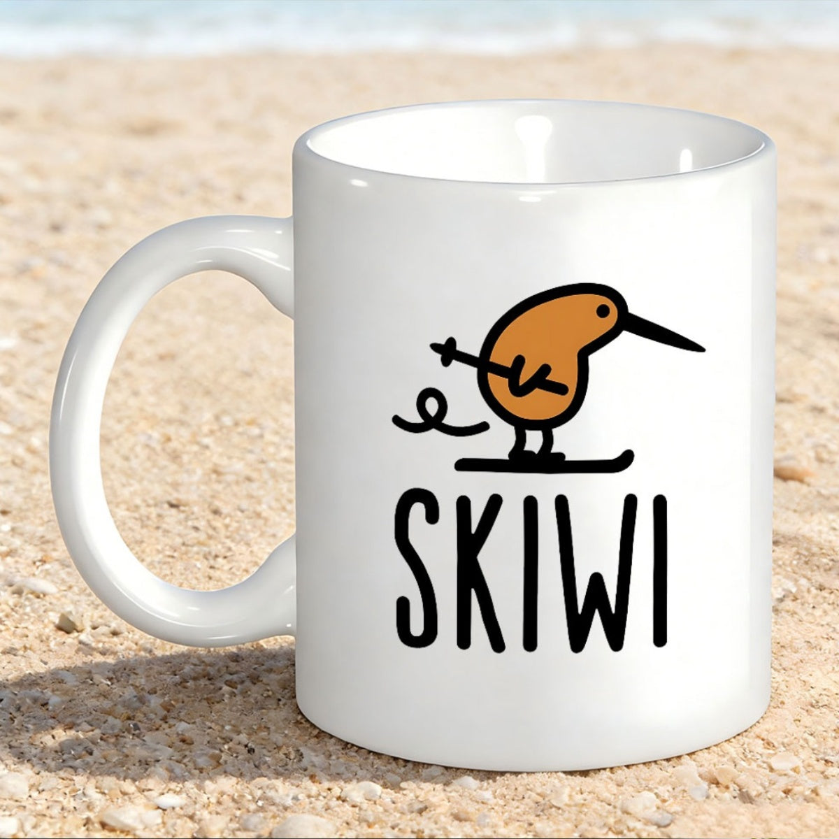Tailorly White Ceramic 11 oz Mug - Skiwi Minimalist Brown Cartoon Kiwi Wearing Skis Gliding Over Snowy Surface Bird
