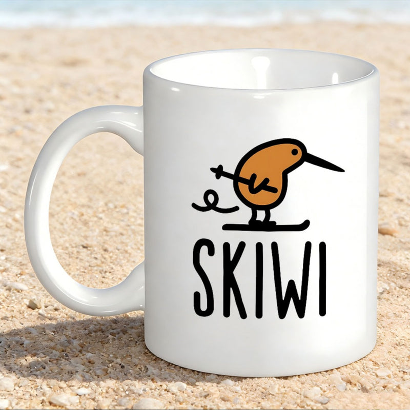 Tailorly White Ceramic 11 oz Mug - Skiwi Minimalist Brown Cartoon Kiwi Wearing Skis Gliding Over Snowy Surface Bird