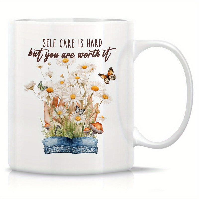 Tailorly White Ceramic 11 oz Mug - Self Care Is Hard But You Are Worth It Blooming White Daisies Growing Inside Vintage Blue Denim Boots With Butterflies Daisy