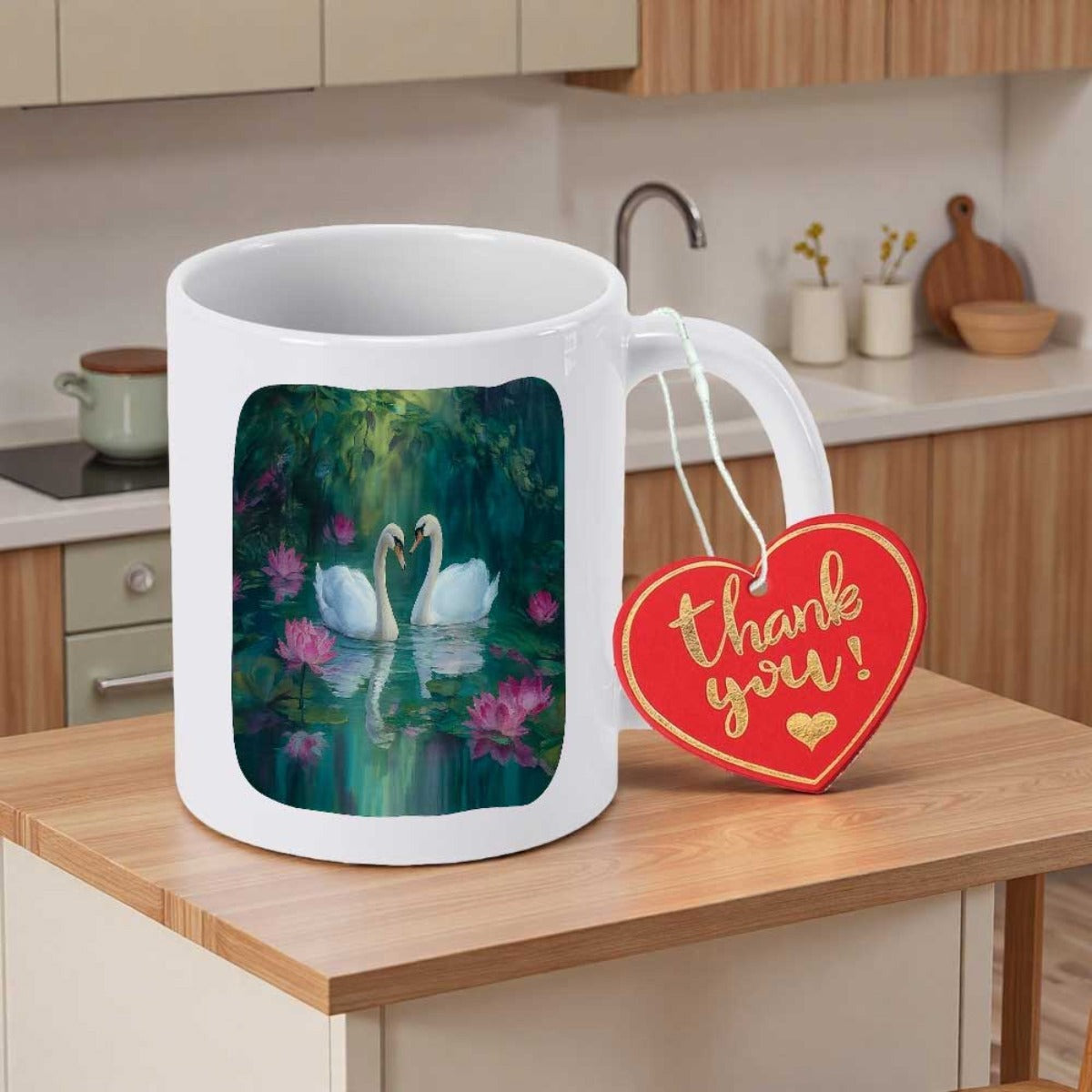 Tailorly White Ceramic 11 oz Mug - Thank You Two Elegant White Swans Forming Heart Shape In Lily Pond Swan