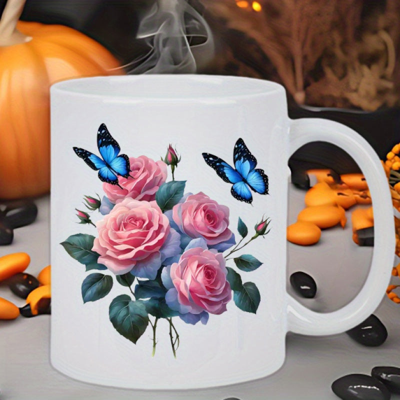 Tailorly White Ceramic 11 oz Mug - Vibrant Pink Roses With Blue Butterflies Dancing Among Lush Green Leaves Rose