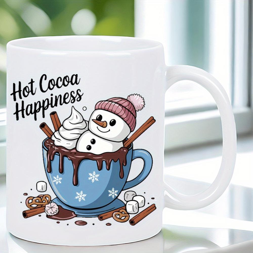 Tailorly White Ceramic 11 oz Mug - Hot Cocoa Happiness Smiling Snowman Wearing Pink Beanie Inside Cup Of Warm Chocolate Snowman