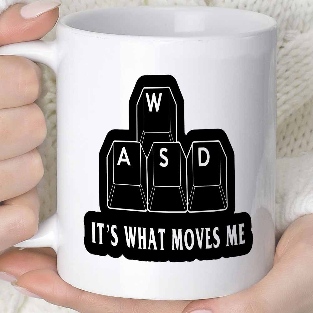 Tailorly White Ceramic 11 oz Mug - W A S D It S What Moves Me Bold Black Mechanical Gaming Keys Arranged In A Cross Pattern Keyboard