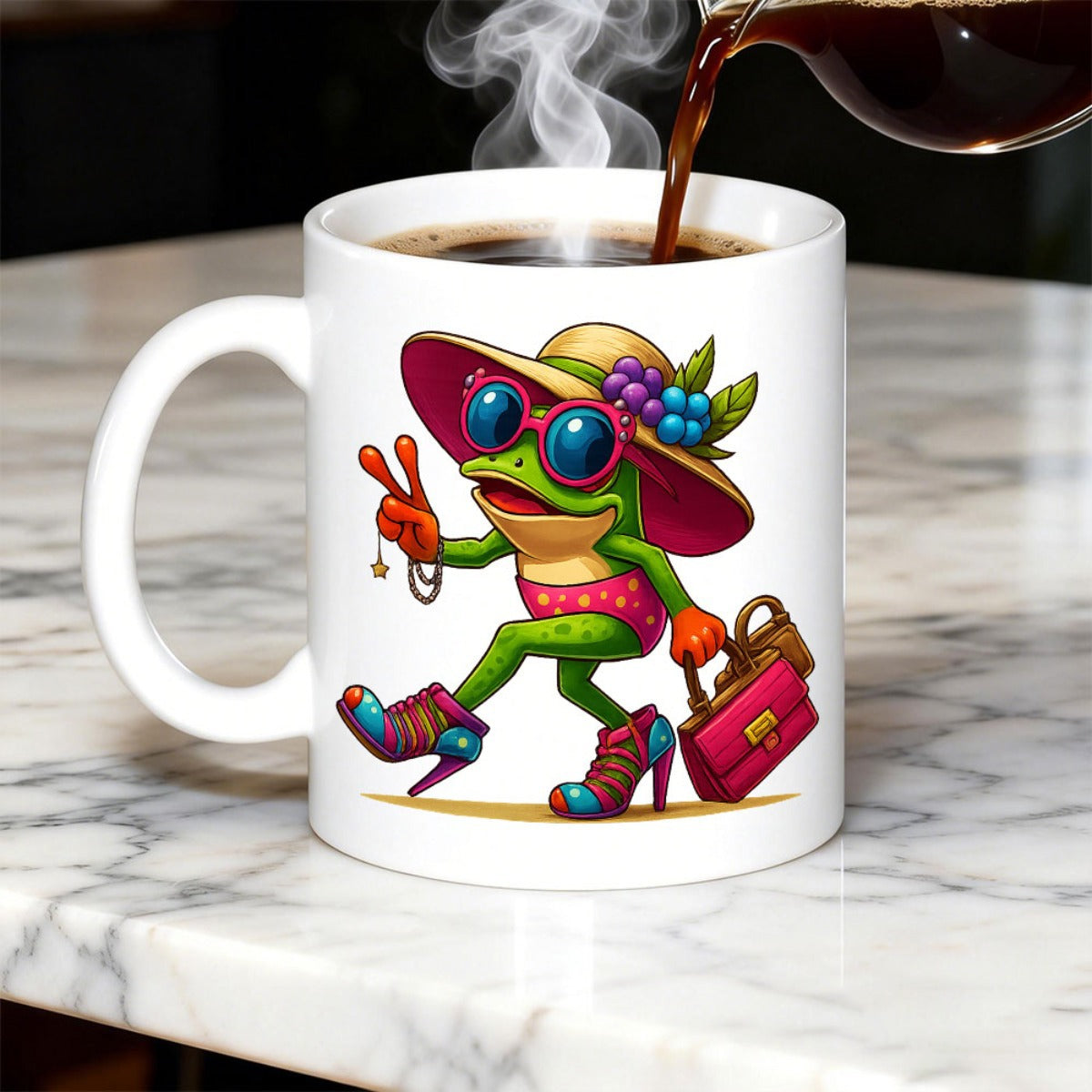 Tailorly White Ceramic 11 oz Mug - Chic Green Character Wearing Berries Sun Hat And Pink Swimsuit Frog