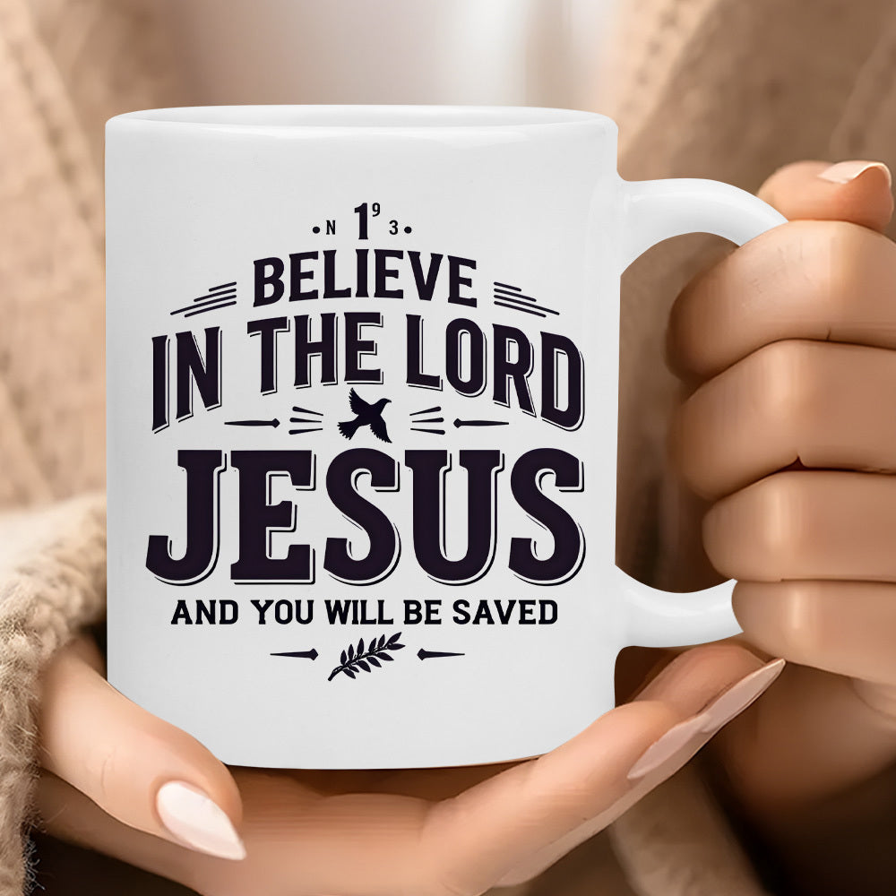 Tailorly White Ceramic 11 oz Mug - Believe In The Lord Jesus And You Will Be Saved Inspirational Quote Featuring Symbolic Dove Of Peace And Elegant Decorative