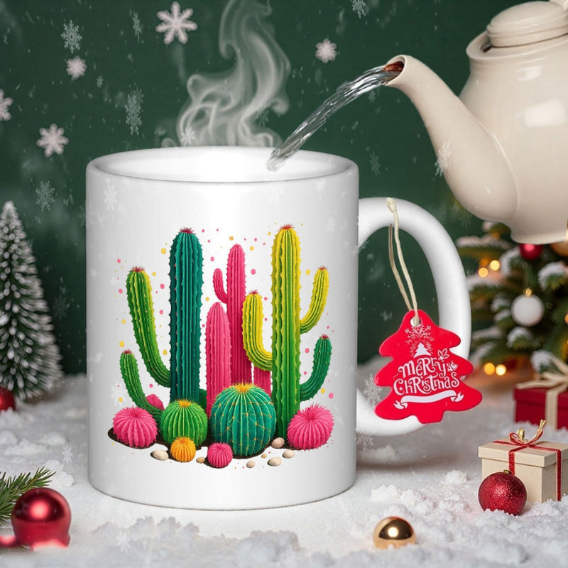 Tailorly White Ceramic 11 oz Mug - Merry Christmas Colorful Saguaro And Barrel Cacti Growing Within A Winter Wonderland Scene Cactus
