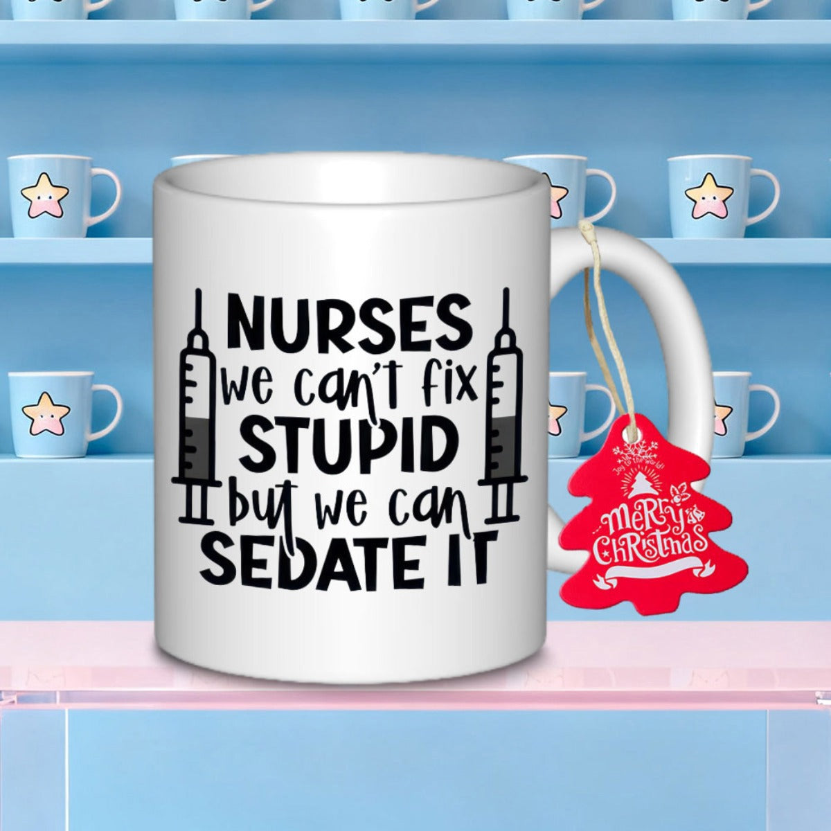 Tailorly White Ceramic 11 oz Mug - Nurses We Can't Fix Stupid But We Can Sedate It Symmetrical Black Medical Syringes With Bold Minimalist Healthcare Typography