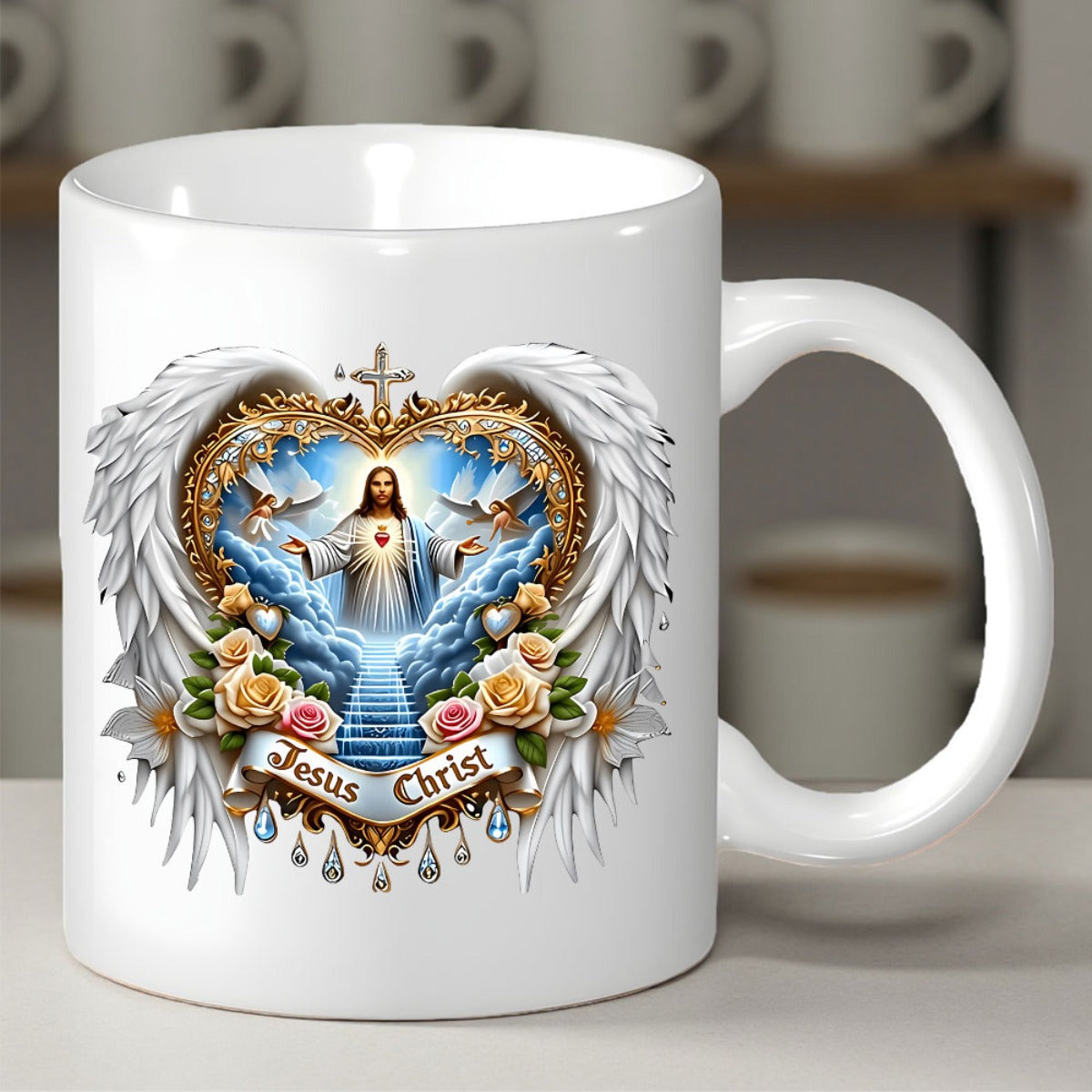 Tailorly White Ceramic 11 oz Mug - Jesus Christ Divine Figure Surrounded By Angelic Wings And Golden Roses Heart Frame Jesus