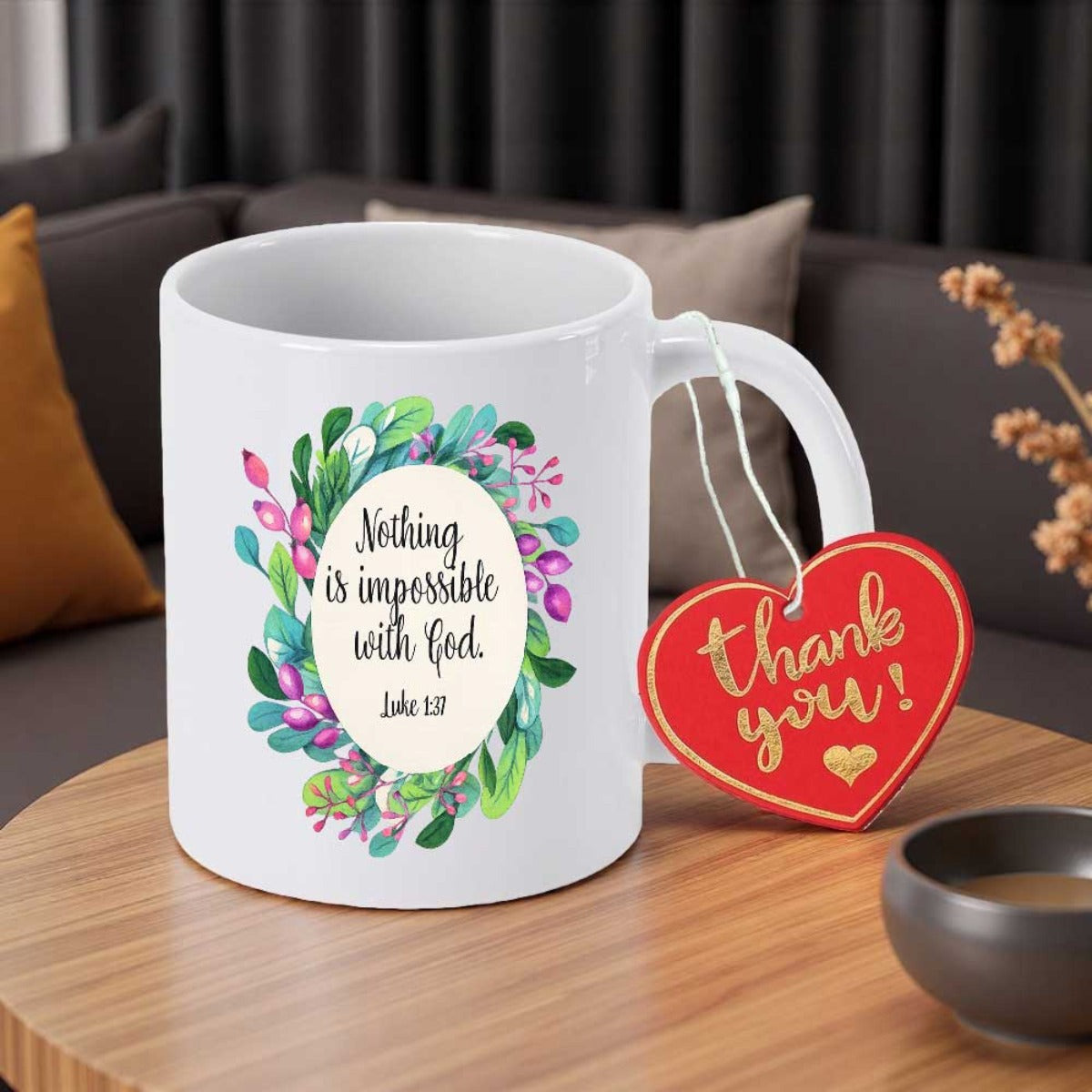 Tailorly White Ceramic 11 oz Mug - Nothing Is Impossible With God Luke 1 37 Colorful Artistic Foliage Surrounded By Delicate Purple Petals Within Oval Wreath