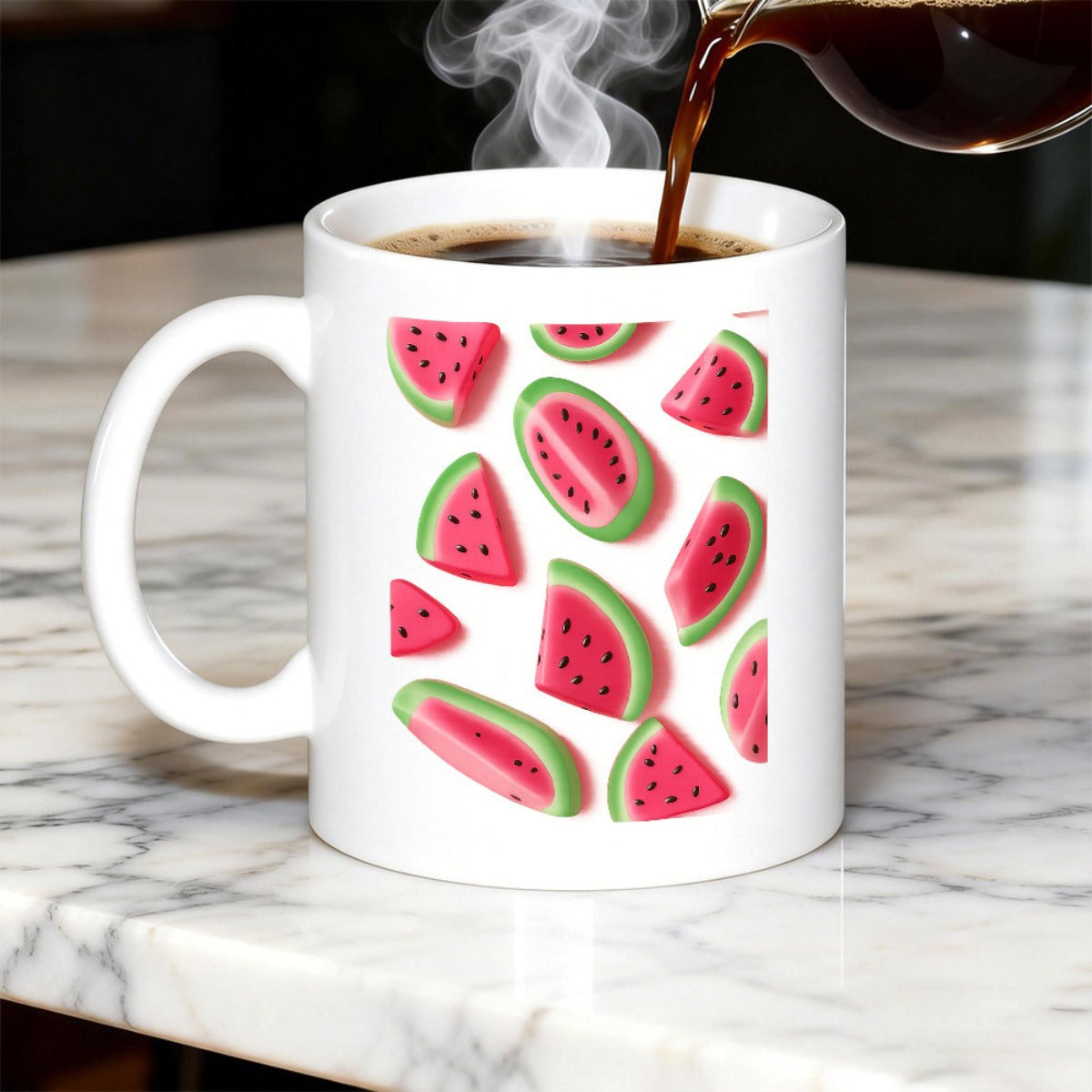 Tailorly White Ceramic 11 oz Mug - Vibrant Pink And Green Slices Of Fruit Scattering Over Pure White Surface Watermelon