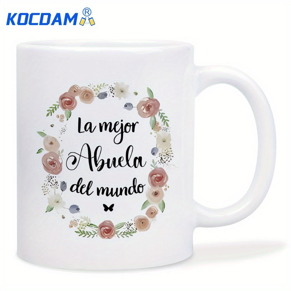 Tailorly White Ceramic 11 oz Mug - Watercolor Blooming Flowers And Delicate Leaves Arranged In A Circular Decorative Wreath