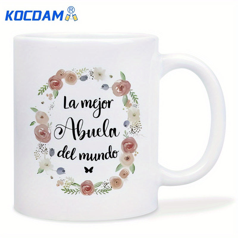 Tailorly White Ceramic 11 oz Mug - Watercolor Blooming Flowers And Delicate Leaves Arranged In A Circular Decorative Wreath
