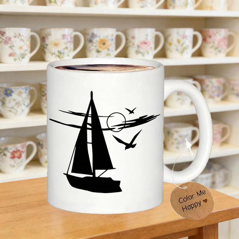 Tailorly White Ceramic 11 oz Mug - Elegant Black Silhouette Sailing Peacefully Over Calm Ocean Horizon With Birds Sailboat