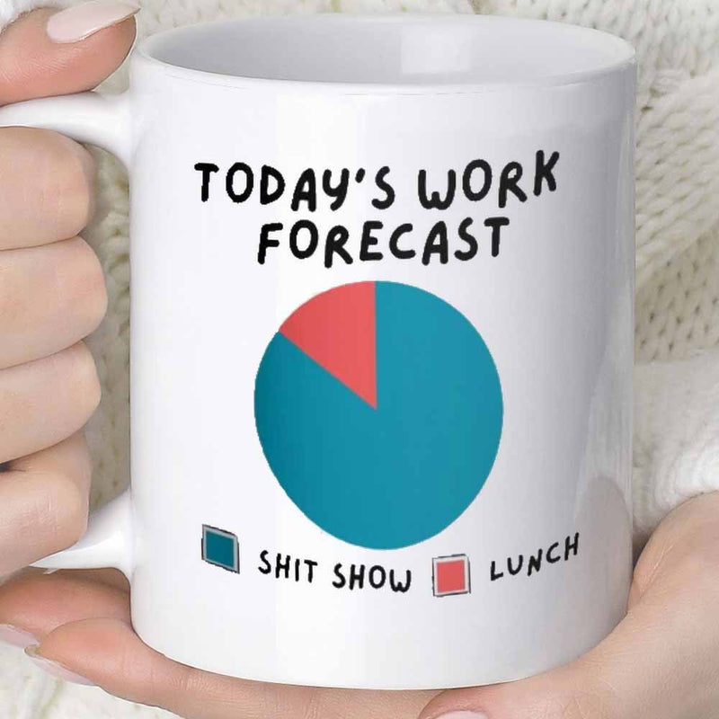 Tailorly White Ceramic 11 oz Mug - Todays Work Forecast Shit Show Lunch Minimalist Two Tone Pie Chart Illustrating Comical Daily Office Life Chart