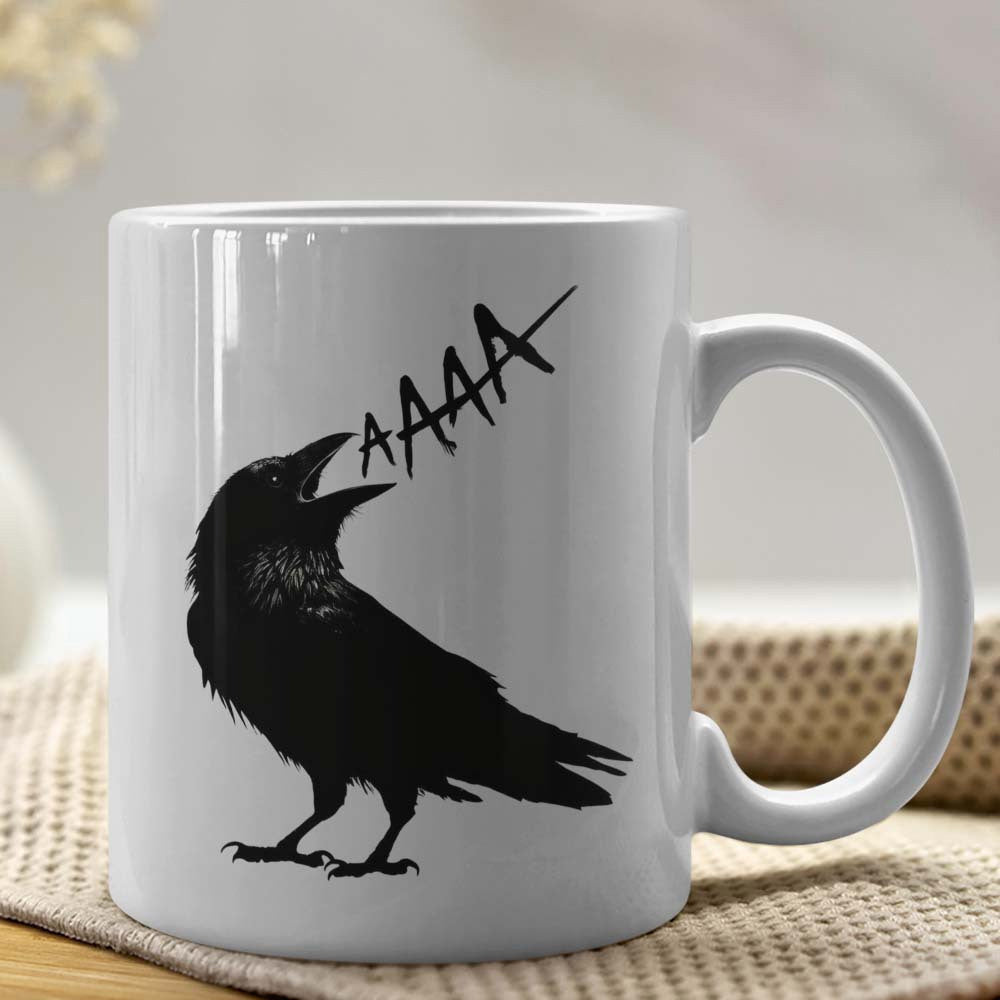 Tailorly White Ceramic 11 oz Mug - AAAA Majestic Black Crow Silhouette Calling Out In Sharp Jagged Artistic Style Crow